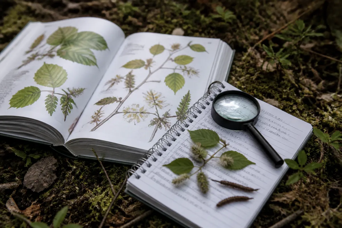 Detalle documental sobre el uso de guías de campo en papel y en formato digital en su contexto natural