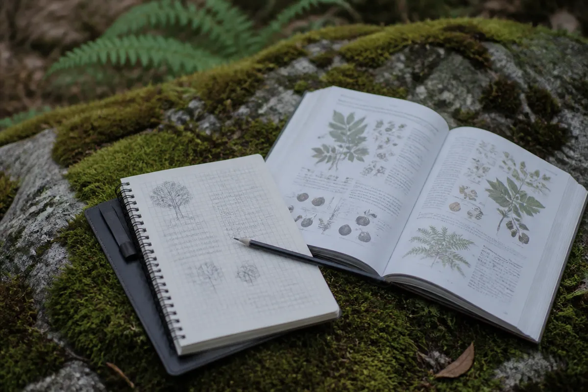 Vista cercana de elementos útiles para estudiar el uso de guías de campo en papel y en formato digital