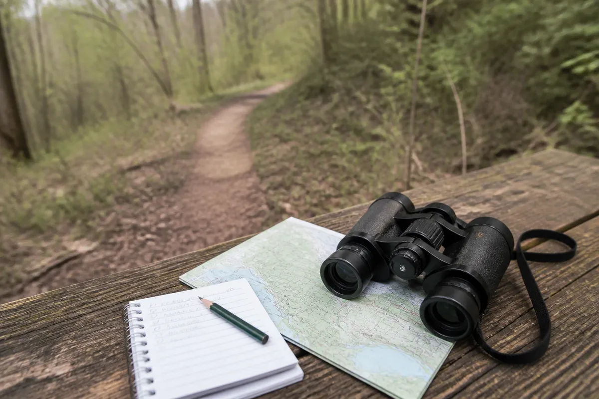 Detalle documental sobre la planificación de una salida de observación de aves en su contexto natural
